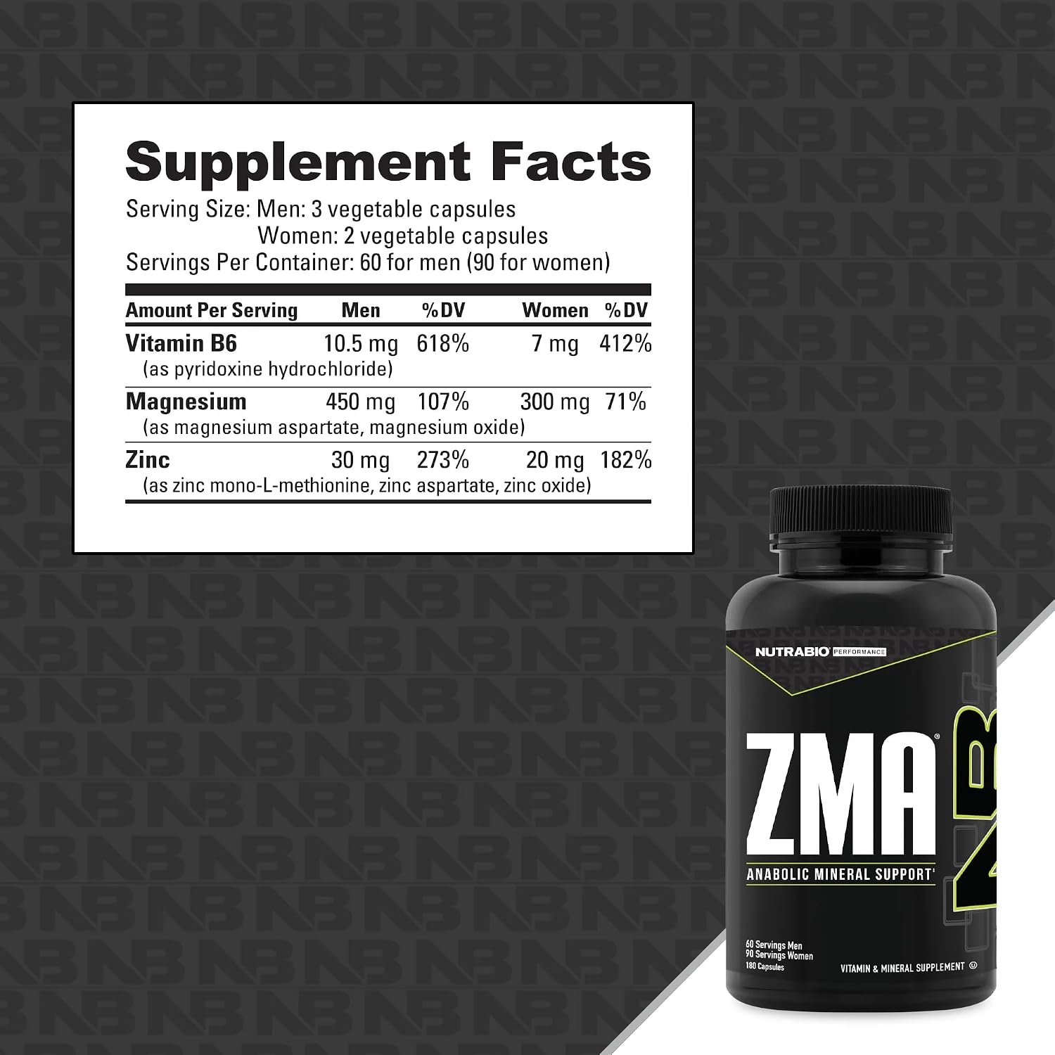 NutraBio ZMA - Zinc Magnesium Supplement with Vitamin B6 (180 Capsules) - görsel 2