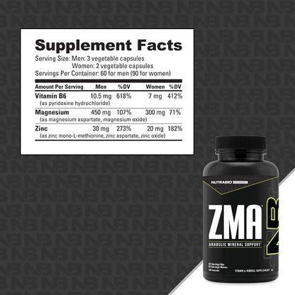 NutraBio ZMA - Zinc Magnesium Supplement with Vitamin B6 (180 Capsules)