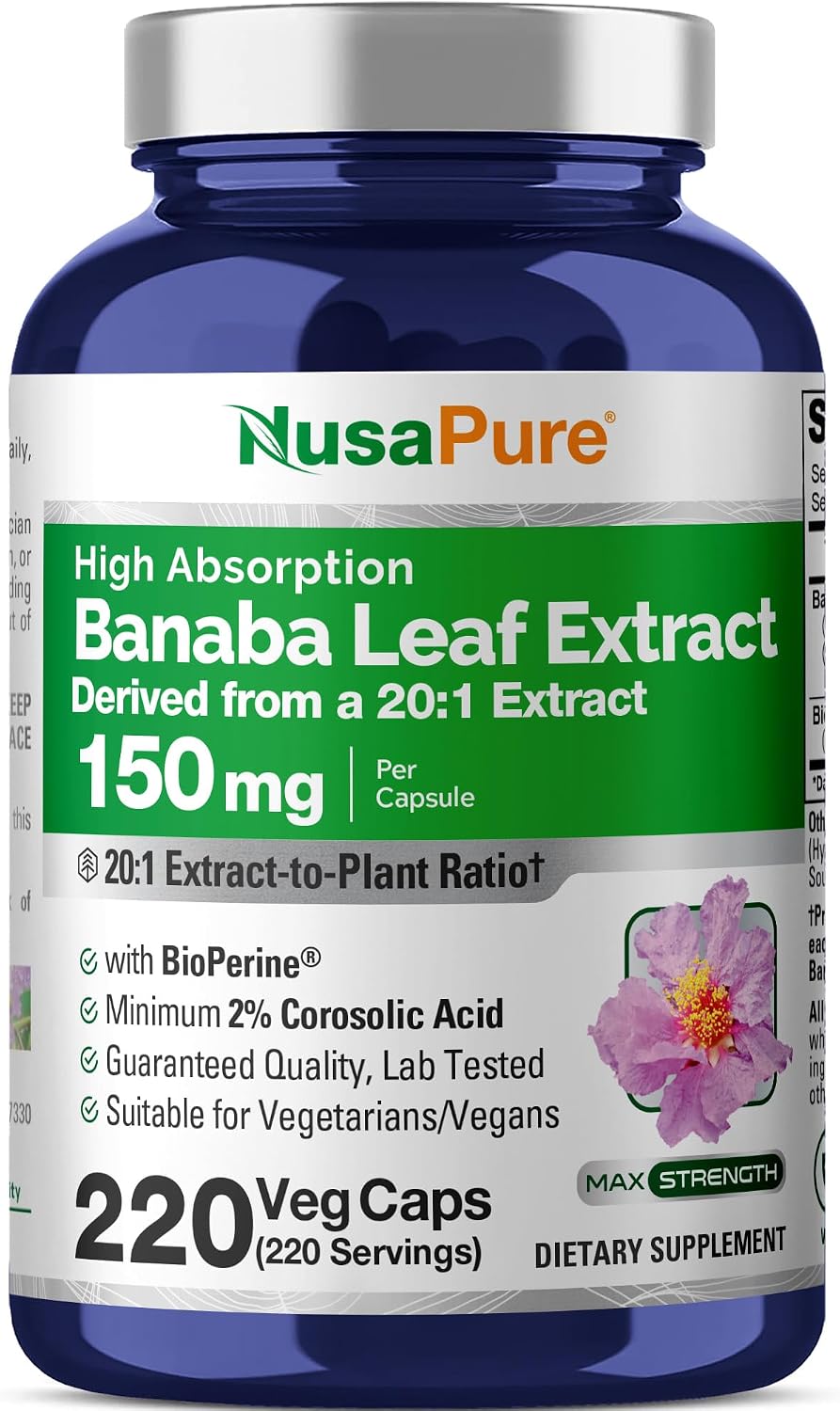 NusaPure Banaba Leaf, 150 mg, 220 Veg Capsules (Non-GMO, Vegan) - görsel 1