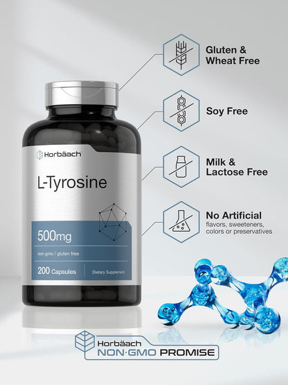 Horbaach L-Tyrosine 500mg – 200 Capsules – Amino Acid Supplement