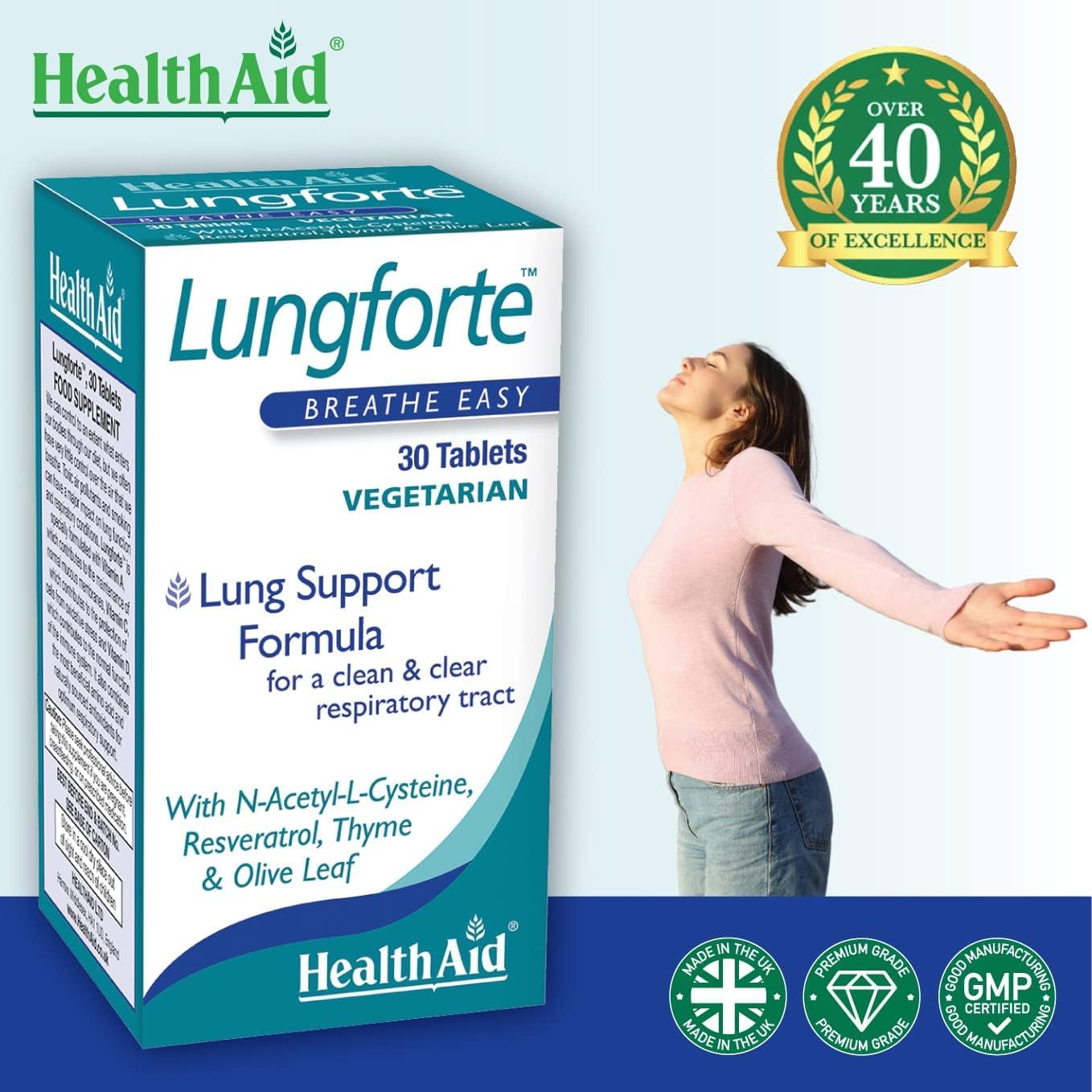 HealthAid LungForte 30 Tablets – Daily Antioxidant Lung Support with NAC, Resveratrol, Olive Leaf, Thyme & Vitamins A, C & D3 - görsel 2