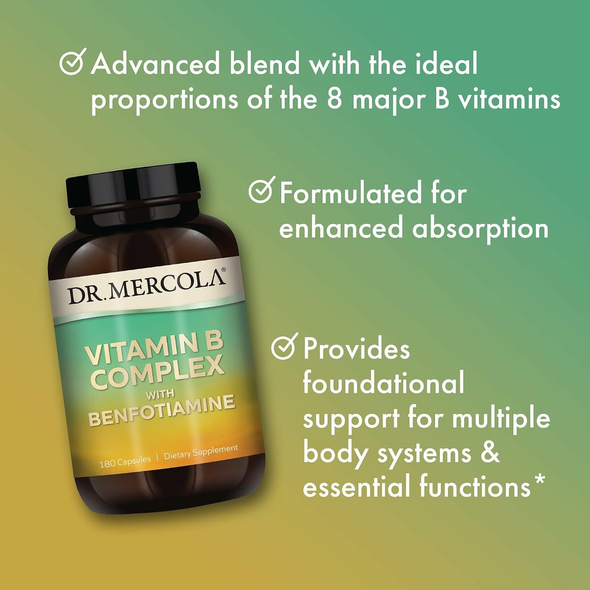 Dr. Mercola Vitamin B Complex with Benfotiamine – Supports Cellular, Brain & Immune Health – Non-GMO, Gluten-Free & Soya-Free – 180 Capsules (90 Servings) - görsel 4