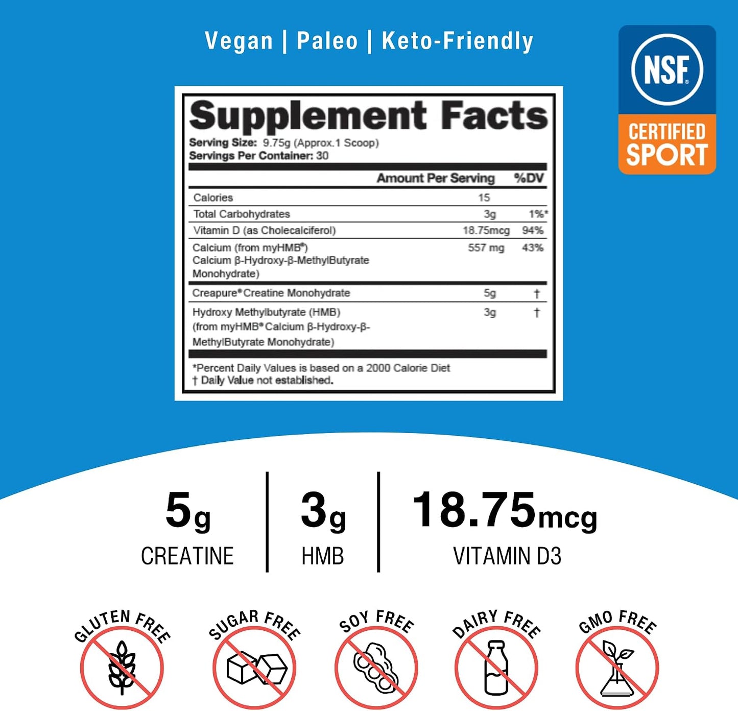 OptimalStack Creatine Monohydrate, HMB & Vitamin D3 Stack | NSF Certified | Unflavoured, 30 Servings - görsel 2