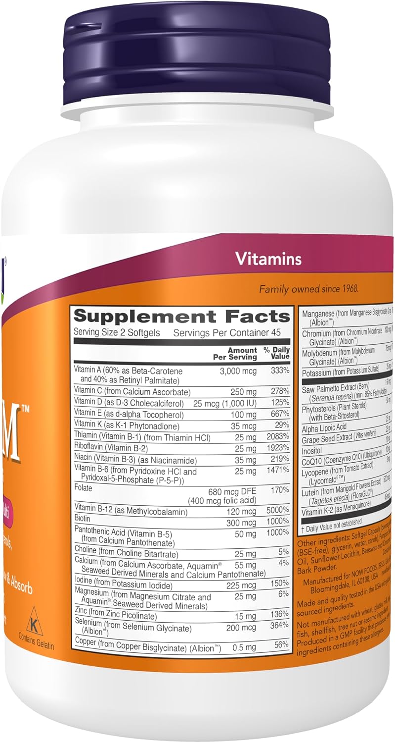 NOW Supplements, ADAM™ Men's Multivitamin with Saw Palmetto, Plant Sterols, Lycopene & CoQ10, 90 Softgels - görsel 2