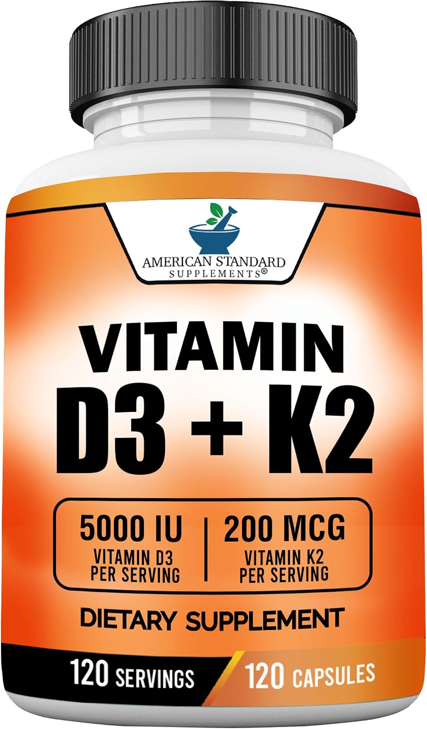 Vitamin D3 5000 IU with Vitamin K2 (MK7) 200mcg – 120 Capsules, Non-GMO, Gluten-Free - görsel 1