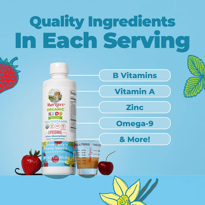 MARYRUTH'S Organic Kids Multivitamin Liposomal | Sugar Free Multivitamin for Kids | Immune Support | Bone Health | Cognitive Support | Overall Wellness | USDA Organic | Vegan | Non-GMO | 450 ml