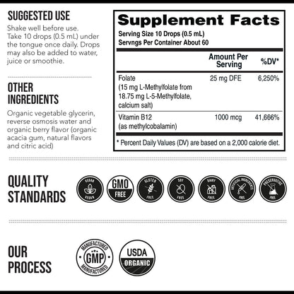 L-Methylfolate 15mg with Methyl B12 Cofactor – High Potency Liquid Sublingual Active 5-MTHF – Organic Berry Flavour – Bioactive Forms Vitamin B9 and B12 (30 ml)