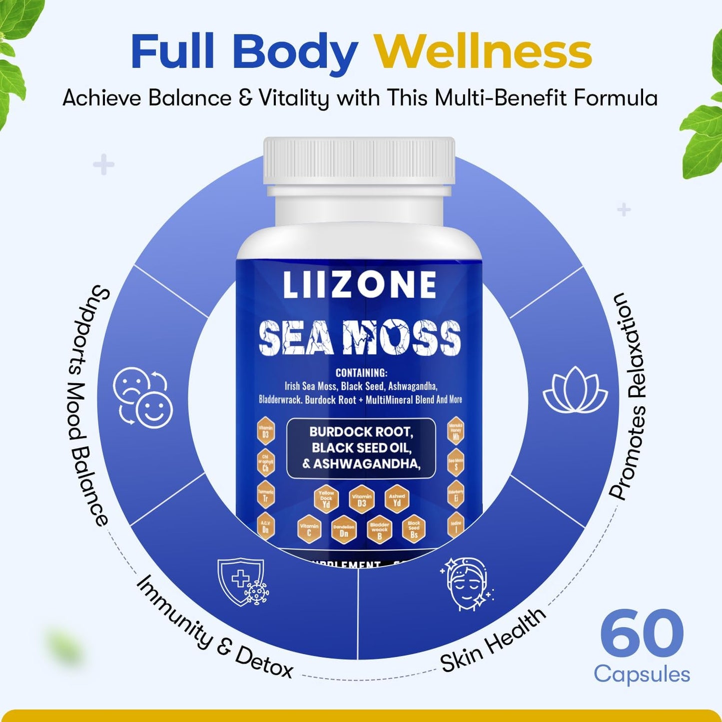 LIIZONE Complex Sea Moss Capsules with Ashwagandha, Turmeric & Vitamin C, 60 Capsules - görsel 2