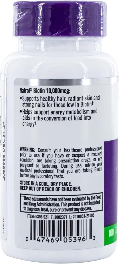 Natrol Biotin Maximum Strength 10000 mcg Tablets – 200 Count (2-Pack)