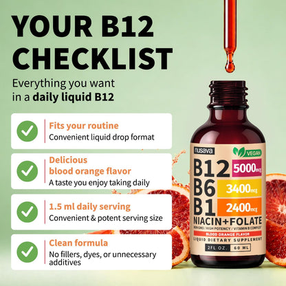 NUSAVA Vitamin B1 (Thiamine) & B12 Liquid Drops – Sublingual Methylcobalamin B Complex – Vegan, Non-GMO, Gluten-free – Crimson Orange (2-Pack, 60 ml each)