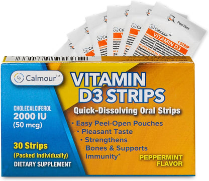 Calmour Vitamin D3 Strips 100 Pack | 2000 IU Oral Dissolvable Strips | Peppermint Flavour