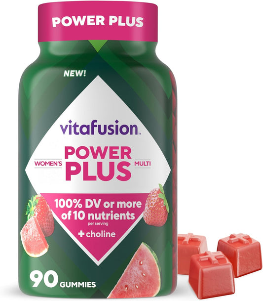 vitafusion Power Plus Women’s Multivitamin Gummies, 100% Nutrient Reference Value or More of 10 Nutrients, Helps Support Normal Energy Metabolism, Bone & Immune Health, Strawberry & Watermelon Flavour, 90 Gummies