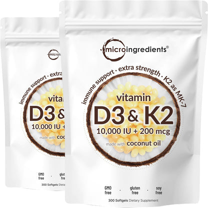 Micro Ingredients Vitamin D3 10,000 IU + K2 MK-7 200 mcg, 600 Soft gel capsules with Virgin Coconut Oil (Pack of 2)