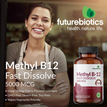 Futurebiotics Methyl B12 5000 mcg Vitamin B12 Methylcobalamin, Cherry Flavour, Non-GMO, 60 Vegetarian Lozenges