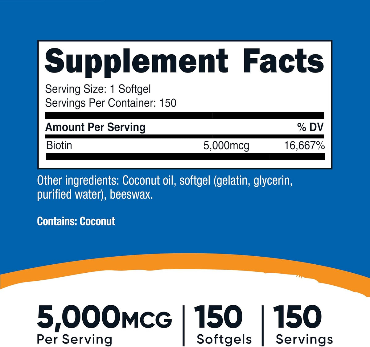 Nutricost Biotin (5,000mcg) 150 Softgels – Vitamin B7 – Gluten-free, Non-GMO - görsel 2