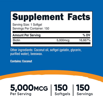 Nutricost Biotin (5,000mcg) 150 Softgels – Vitamin B7 – Gluten-free, Non-GMO