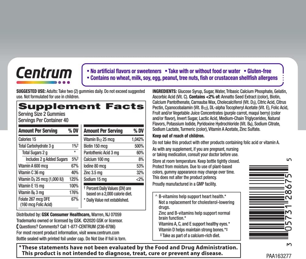 Centrum MultiGummies for Women 50 Plus, Multivitamin Gummy Food Supplement with Vitamin D3, B6, B12, 80 Gummies - görsel 8