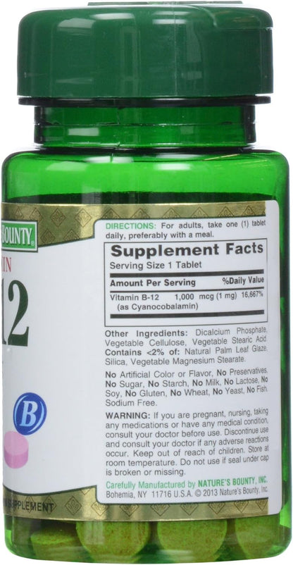 Nature's Bounty Vitamin B-12 1000 mcg Tablets, 100 Count