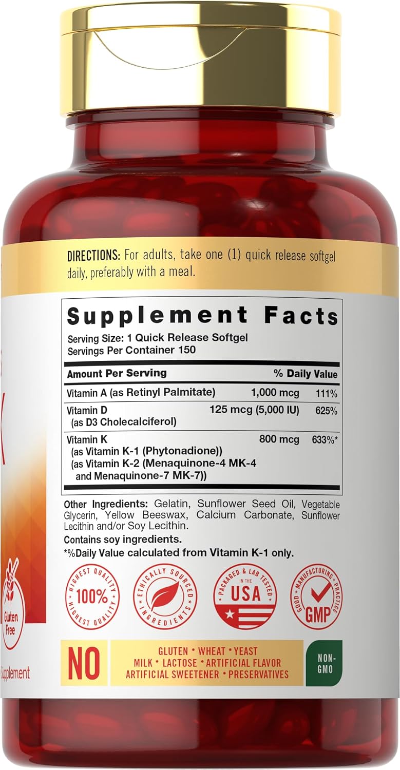 Carlyle Vitamin ADK Supplement | 150 Softgels | Vitamins A, D3, K1, K2 | Non-GMO, Gluten Free - görsel 2