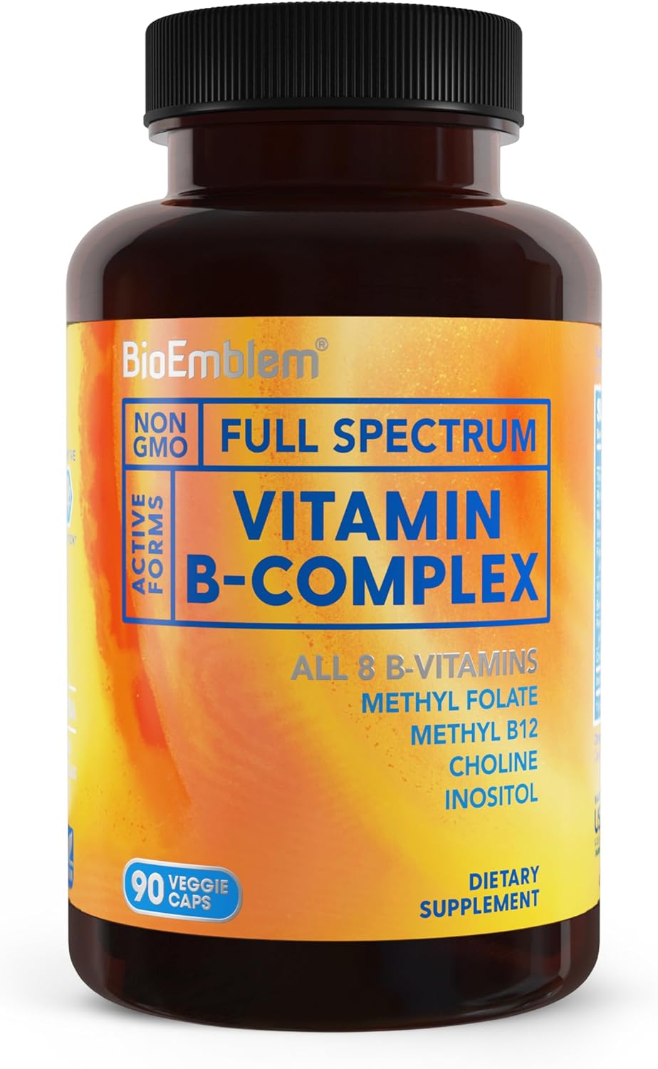 BioEmblem Vitamin B-Complex - All 8 Active Forms with Methyl Folate, Methyl B12, B6, Biotin Plus Choline Inositol - 90 Capsules - görsel 1