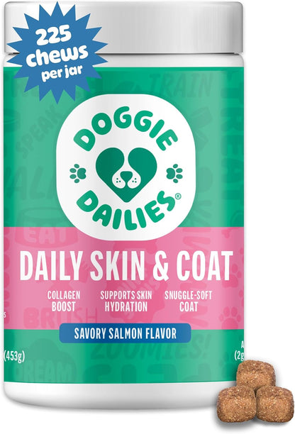 Doggie Dailies Skin & Coat Supplement for Dogs – Salmon Oil with Collagen, 225 Soft Chews