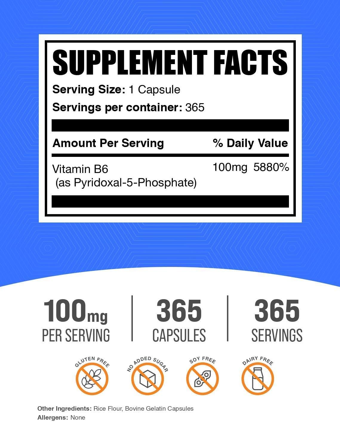 BulkSupplements.com Pyridoxal 5 Phosphate Capsules - P5P Vitamin B6, 100mg, 365 Capsules - görsel 2