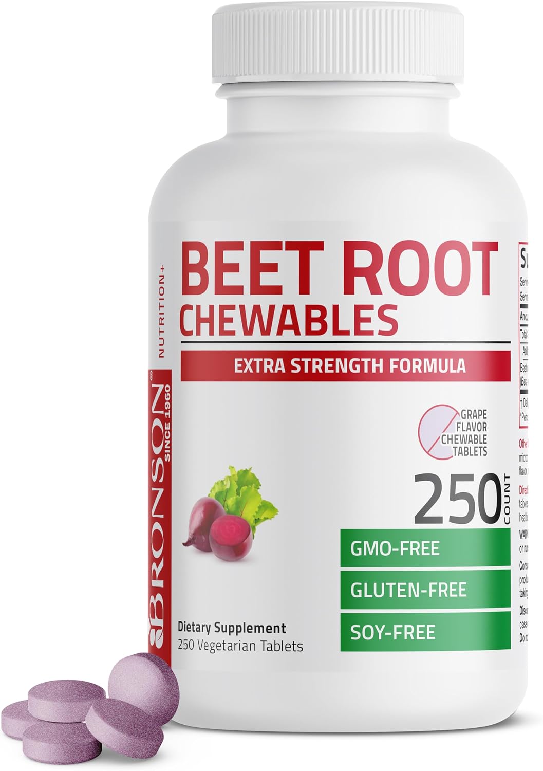 Bronson Beet Root Chewables, Grape Flavoured - Extra Strength, Non-GMO, 250 Chewable Tablets - görsel 1