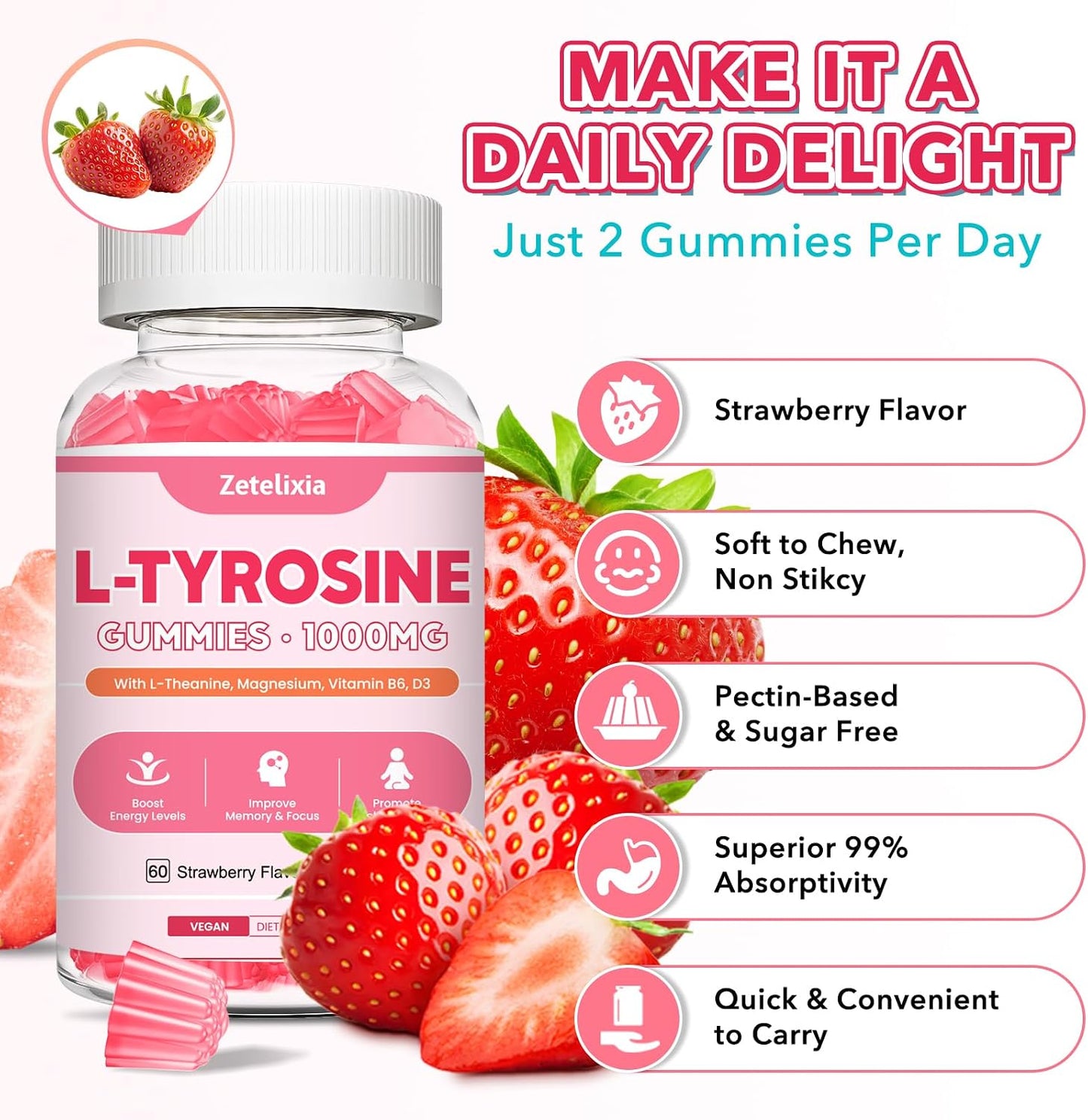 Zetelixia L-Tyrosine Gummies 2-Pack - 10-in-1 Food Supplement with L-Theanine, B6, D3, Ashwagandha - Strawberry Flavour (120 Count) - görsel 5