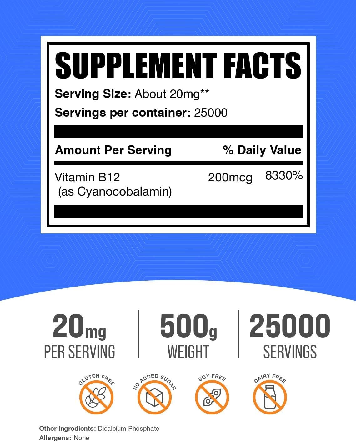BulkSupplements.com Vitamin B12 Powder - Cyanocobalamin, 20mg per Serving, 500g - görsel 2