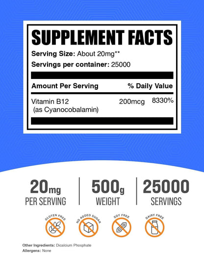 BulkSupplements.com Vitamin B12 Powder - Cyanocobalamin, 20mg per Serving, 500g