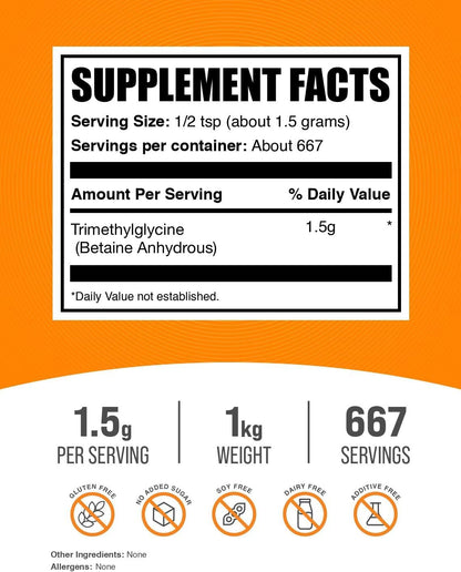 BulkSupplements.com Betaine Anhydrous Powder - Trimethylglycine, TMG Supplements, TMG Powder - Betaine TMG - Gluten-free, 1500mg per Serving, 1kg (2.2 lbs)