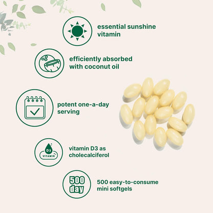 Micro Ingredients Vitamin D3 5,000 IU, 500 Soft gel capsules | Virgin Coconut Oil | Cholecalciferol | Bone & Immune Support | Non-GMO