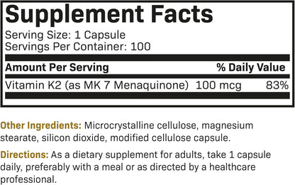 Futurebiotics Vitamin K2 as MK-7 100 µg, Supports Strong Bones - Non-GM, 100 Vegetarian Capsules