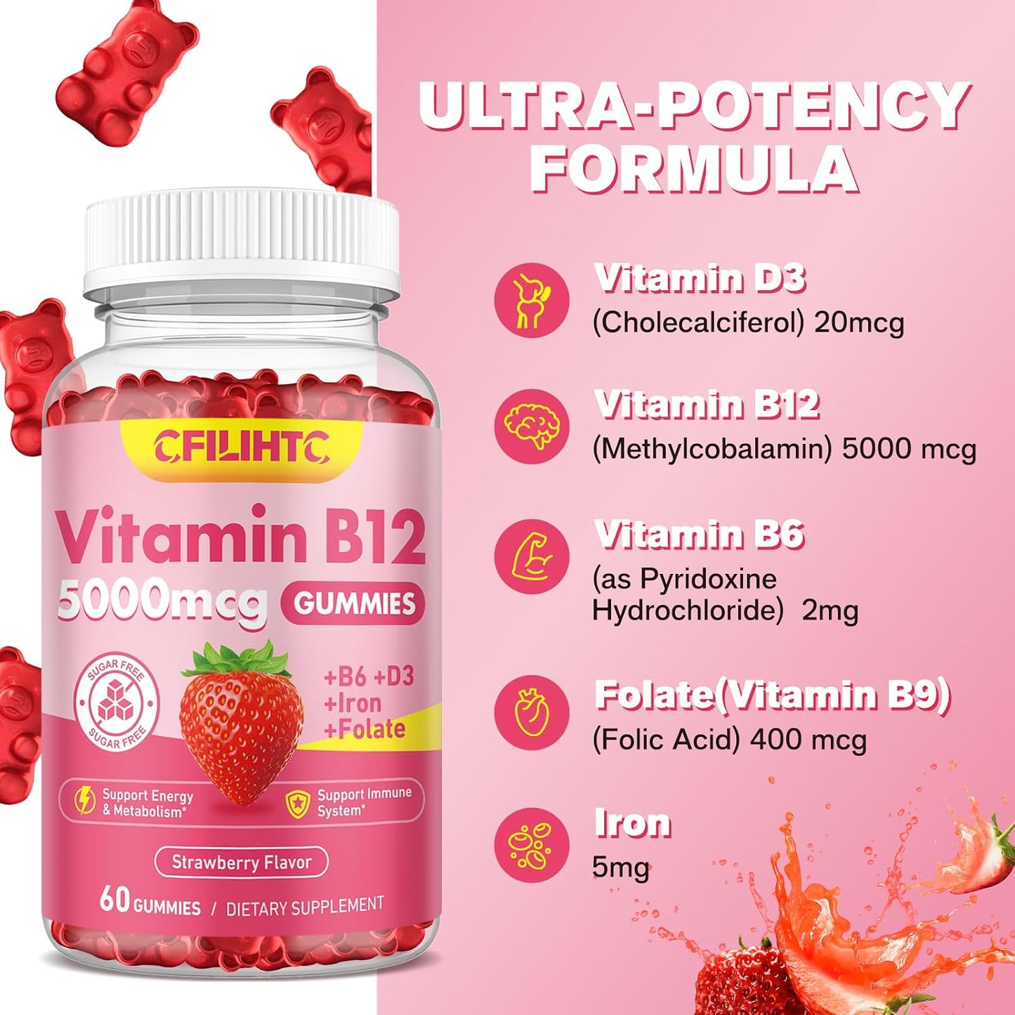 Vitamin B12 Gummies with Methylcobalamin, B6, D3, Iron & Folate - 5000mcg - Sugar-free Strawberry - Vegan & Non-GMO - görsel 5