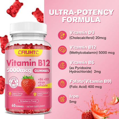 Vitamin B12 Gummies with Methylcobalamin, B6, D3, Iron & Folate - 5000mcg - Sugar-free Strawberry - Vegan & Non-GMO