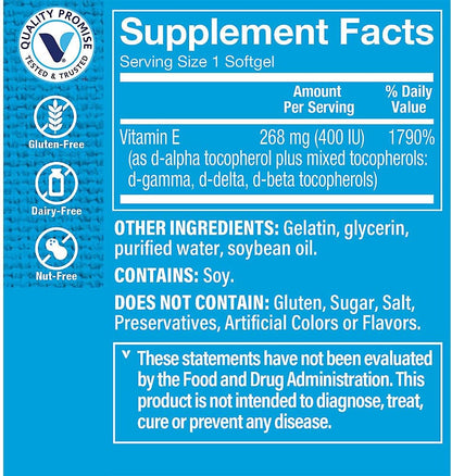The Vitamin Shoppe Vitamin E 400 IU Softgels – Antioxidant Support for Skin Health & Immune Function (60 Softgels)