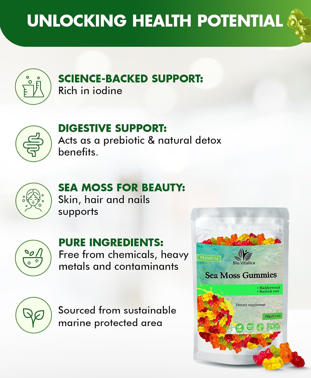 BIO VITALICA Sea Moss Gummies - Irish Sea Moss, Bladderwrack, Burdock Root (1 Pack) - görsel 4