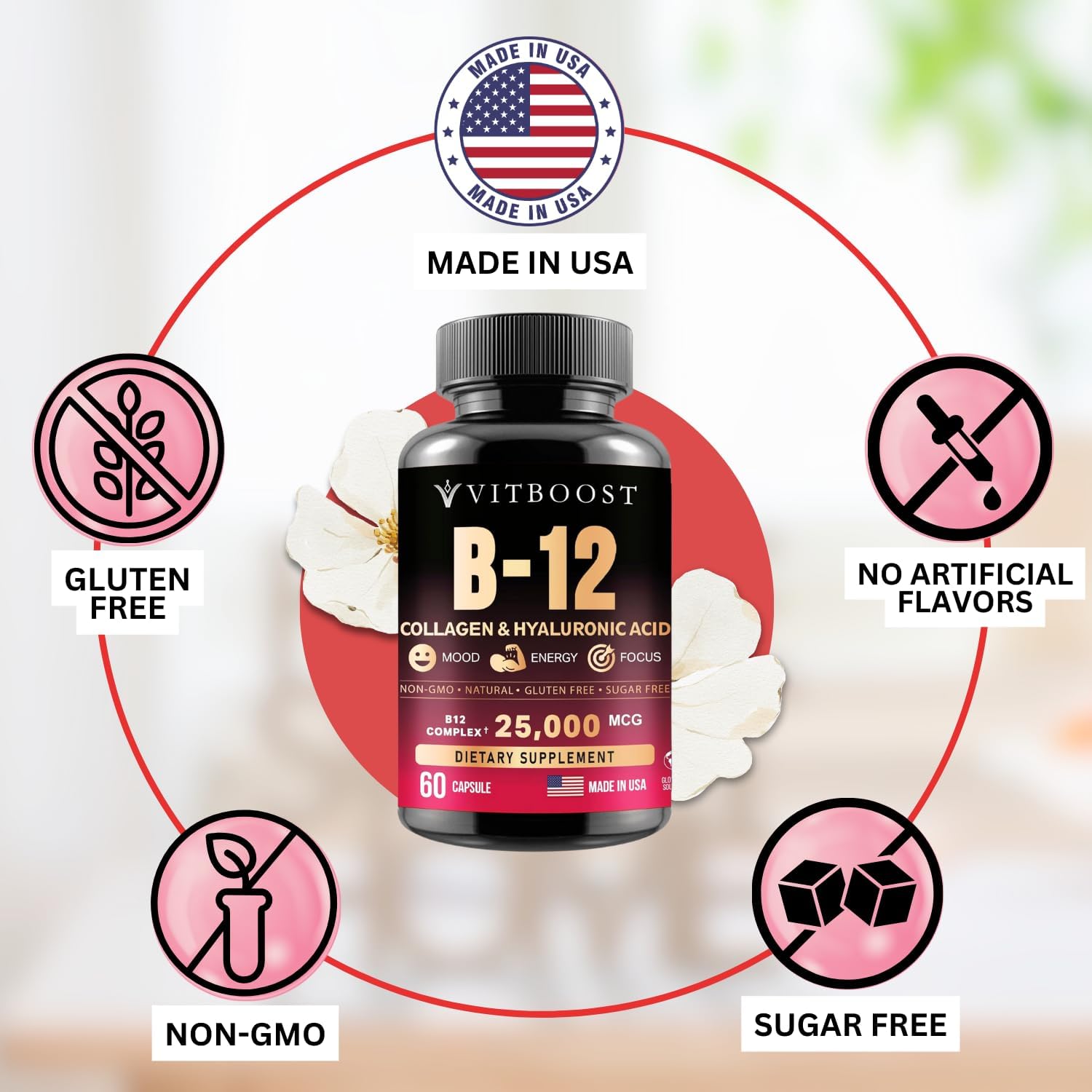 VITBOOST B12 Methylcobalamin Complex with Hyaluronic Acid, Collagen & Folate - 25000 mcg, Pack of 2 - görsel 4