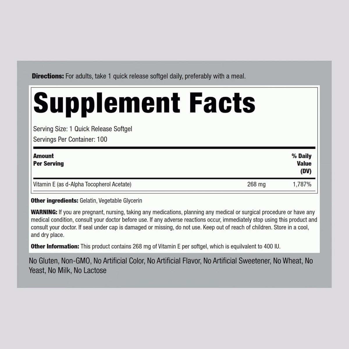 Piping Rock Vitamin E 400 IU Soft gel capsule Capsules | 268mg | 100 Pills | D-Alpha Tocopherol | Non-GMO, Gluten-free Supplement - görsel 2
