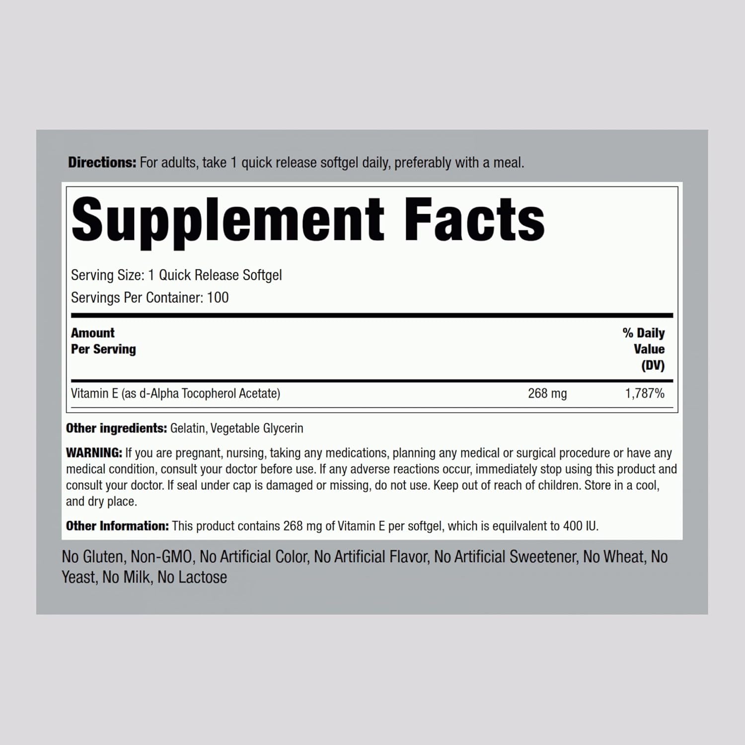 Piping Rock Vitamin E 400 IU Soft gel capsule Capsules | 268mg | 100 Pills | D-Alpha Tocopherol | Non-GMO, Gluten-free Supplement - görsel 2