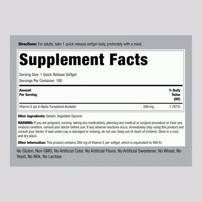Piping Rock Vitamin E 400 IU Soft gel capsule Capsules | 268mg | 100 Pills | D-Alpha Tocopherol | Non-GMO, Gluten-free Supplement