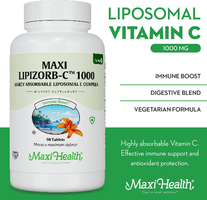 Maxi Health Vitamin C 1000mg – Gentle on Stomach Liposomal Vitamin C Supplement for Normal Immune Function – Digestive Blend with Quercetin, Ginger, Black Pepper – Vegan, Kosher, 90 Count, 90-Day Supply