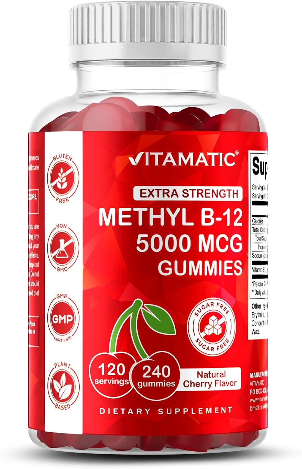 Vitamatic Extra Strength Vitamin B12 5000 mcg (Methyl B12) Gummies - 240 Count, Natural Cherry Flavoured - görsel 1