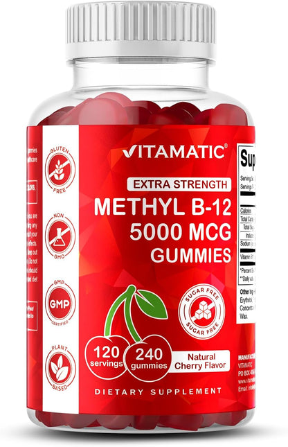 Vitamatic Extra Strength Vitamin B12 5000 mcg (Methyl B12) Gummies - 240 Count, Natural Cherry Flavoured