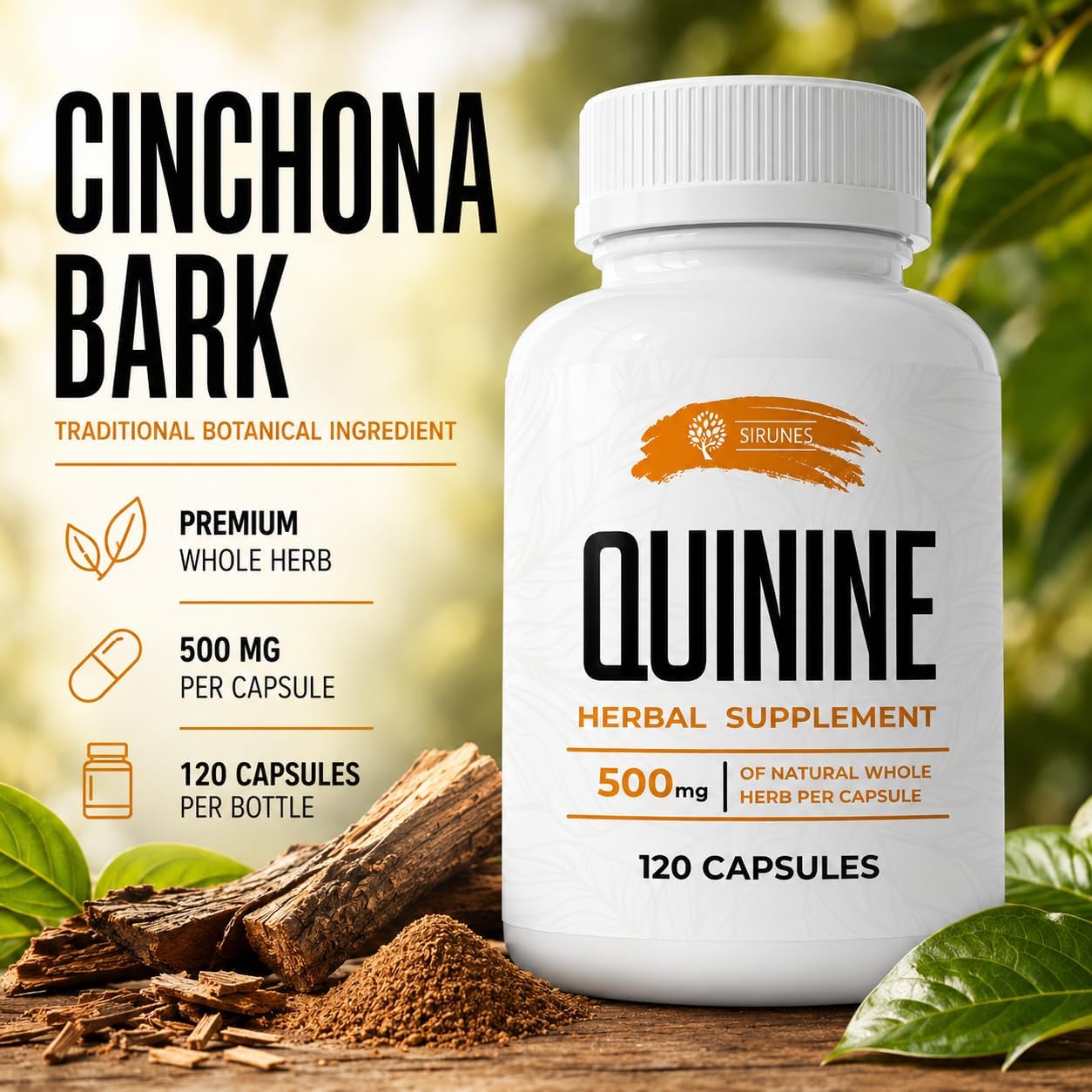 SIRUNES Cinchona Bark Quinine Capsules – Herbal Food Supplement for Muscle and Digestive Support – 500 mg, 120 Capsules - görsel 2