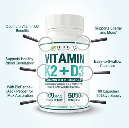 Holistic Health Labs Max Absorption Vitamin K2 + D3 (5000 IU) – 90 Veggie Capsules