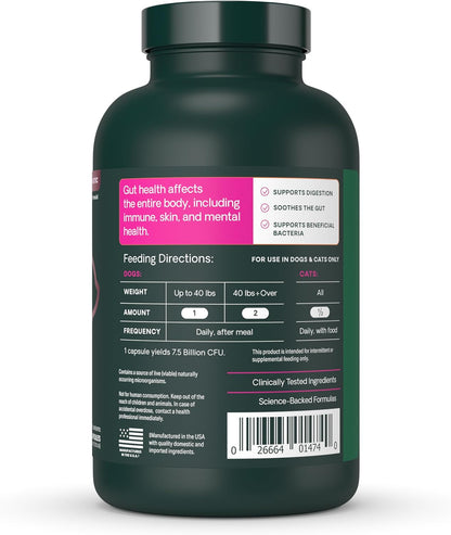 VetriScience Extra Strength Gut Health Probiotic & Prebiotic for Dogs & Cats, 180 Capsules