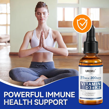 URDRU Organic Vitamin D3 K2 Liquid Drops - 1000 IU D3 & 200 mcg K2 - 30 ml Maximum Absorption Drops for Immune and Mood, Bone and Teeth Health
