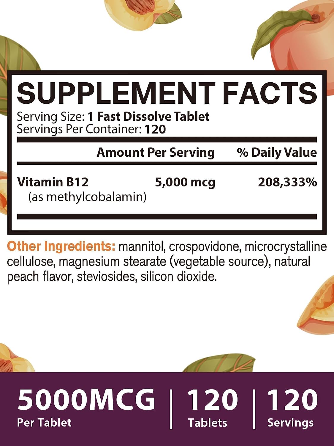 Vitacook Vitamin B12 Sublingual - Methylcobalamin 5000mcg - Natural Peach Flavour - Vegan, Zero Sugar, 120 Fast Dissolve Tablets - görsel 4