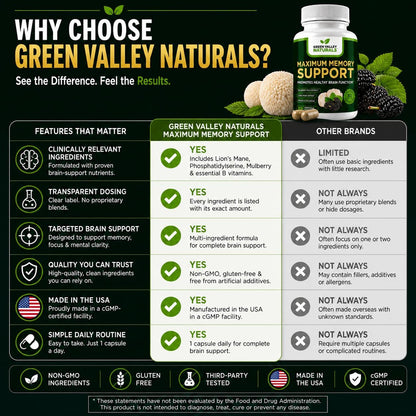 Green Valley Naturals Maximum Memory Support | Cognitive Formula with Lion's Mane, Mulberry, Phosphatidylserine & Methylated B Vitamins | 30 Capsules